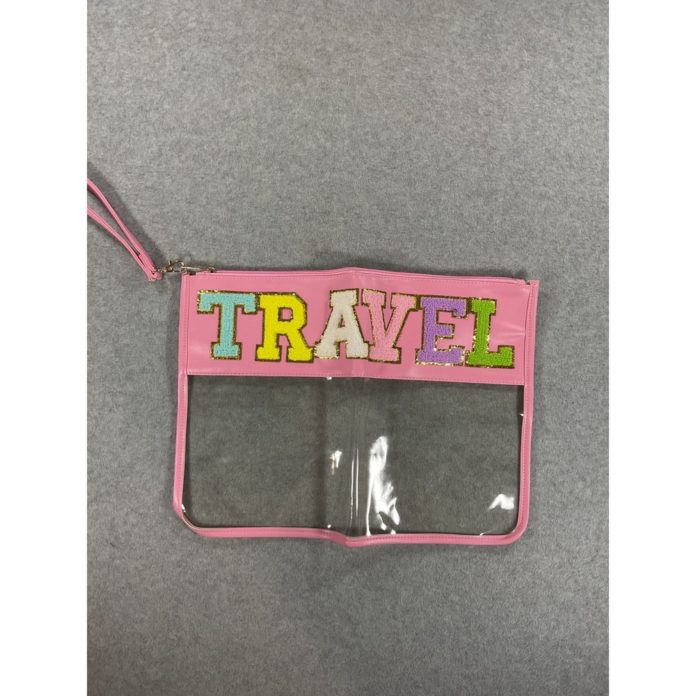 Pink Travel Pouch Wristlet Clear PVC Chenille Varsity Letter Makeup Bag